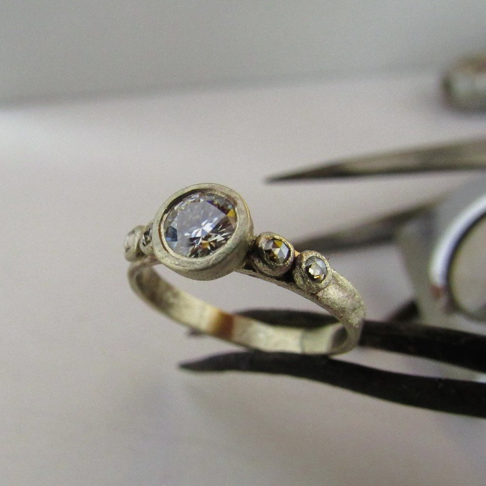 14K White Gold Moissanite Engagement Ring with Raw Diamonds